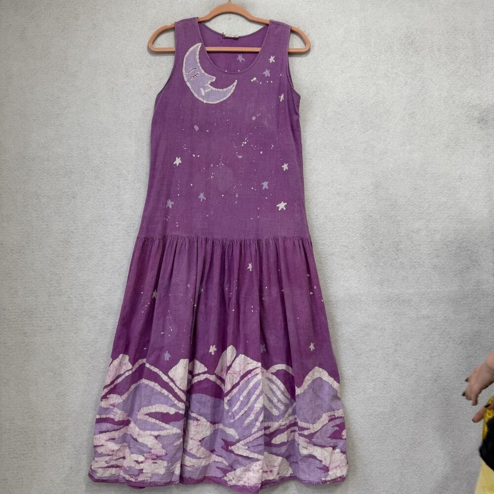 Purple Moon Star Mountain Dress Womens Large Sleeveless Boho Maxi Art Graphic